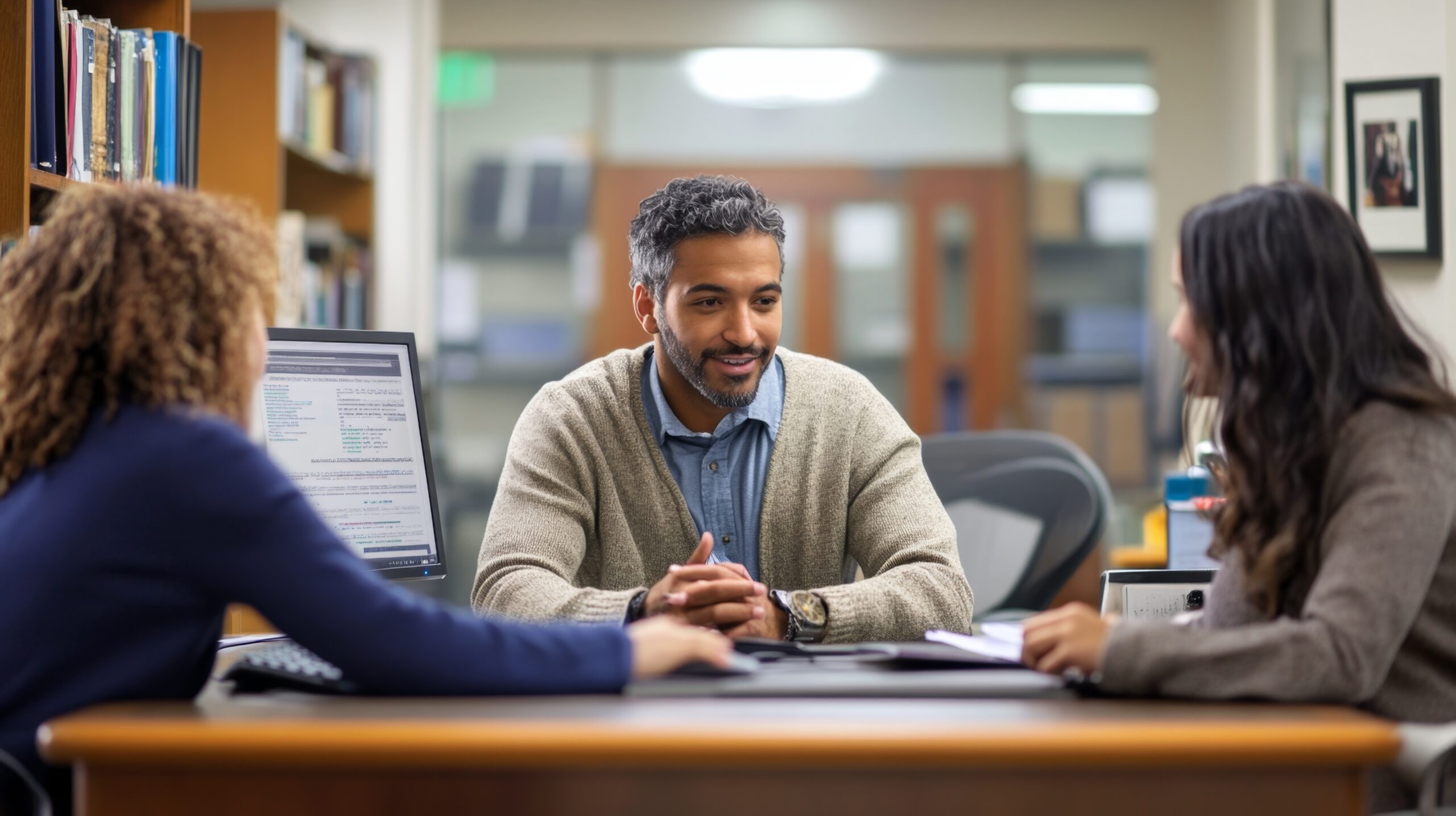 Three people sitting at desk talking